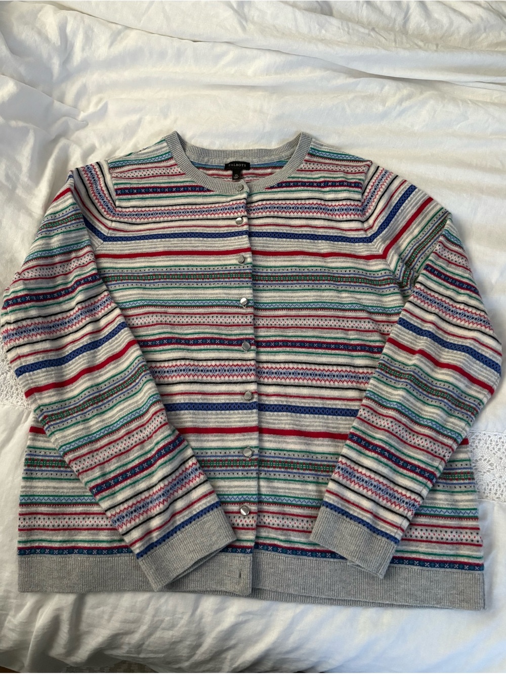 Talbots XL Stripes Cardigan Blue Red Grey Lambswool Blend Fair Isle holiday